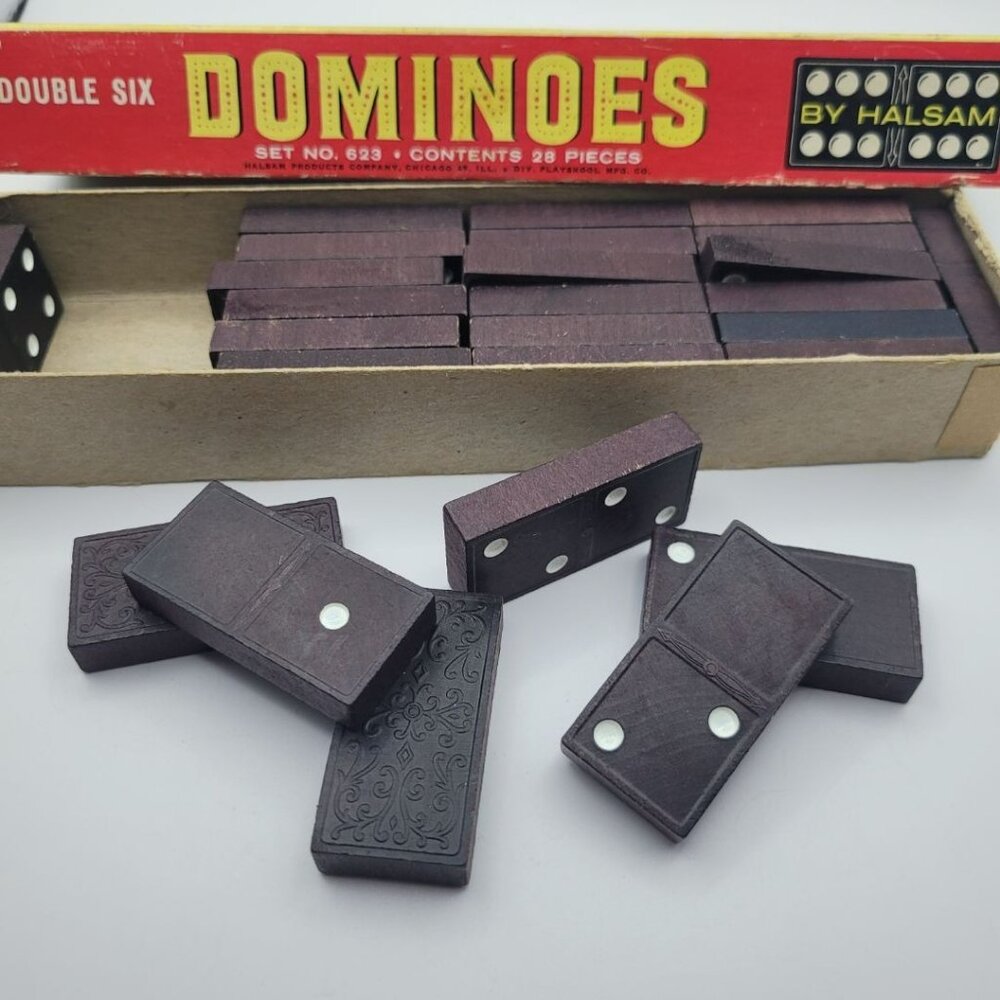 Halsam Double Six Dominoes Set 623 28 Pieces Playskool Black Wood Game Vintage